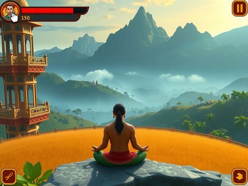 Yogi Warrior Quest gameplay screenshot showing mystical Indian landscapes